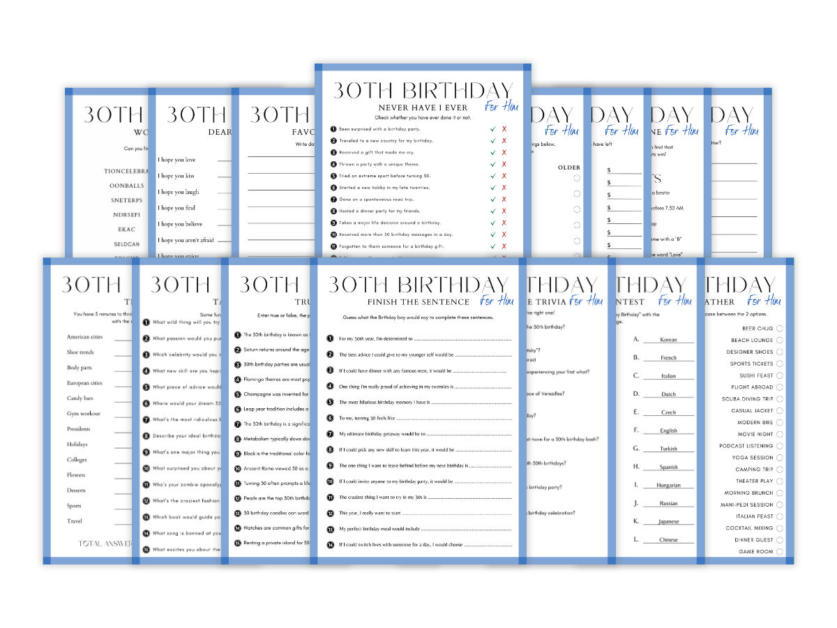30th Birthday for Him - 15 Printable Games Bundle - Featured image