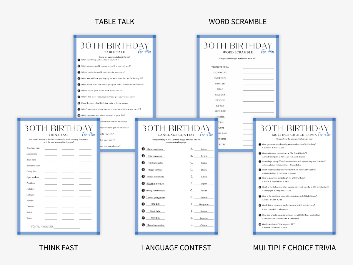 30th Birthday for Him - 15 Printable Games Bundle - Games 1