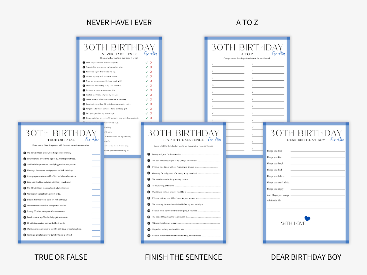 30th Birthday for Him - 15 Printable Games Bundle - Games 2