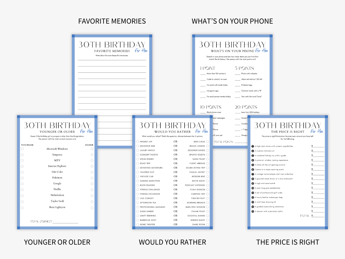 30th Birthday for Him - 15 Printable Games Bundle - Games 3