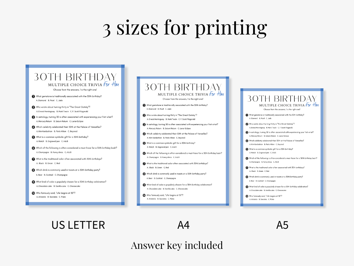 30th Birthday for Him Game - Multiple Choice Trivia - 3 sizes