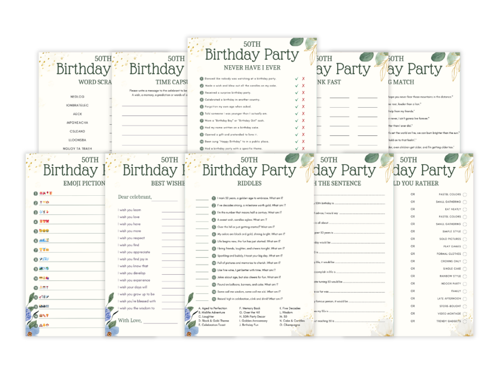 50th Birthday - 10 Printable Games Bundle - Featured image