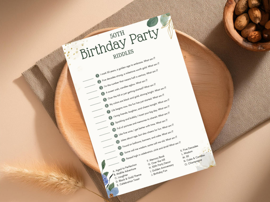 A beautifully designed 50th Birthday Party Riddles game placed on a wooden plate with a cozy, rustic background. This fun and engaging activity is part of our Printable Games collection, perfect for celebrating milestones and creating laughter-filled moments!