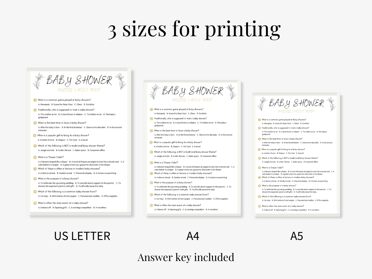 Baby Shower Game - Multiple Choice Trivia - 3 sizes