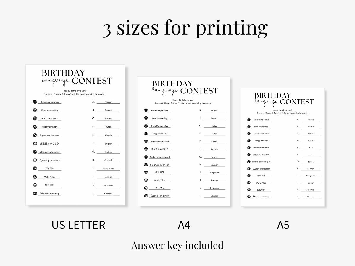 Birthday Printable Game - Language Contest - 3 sizes