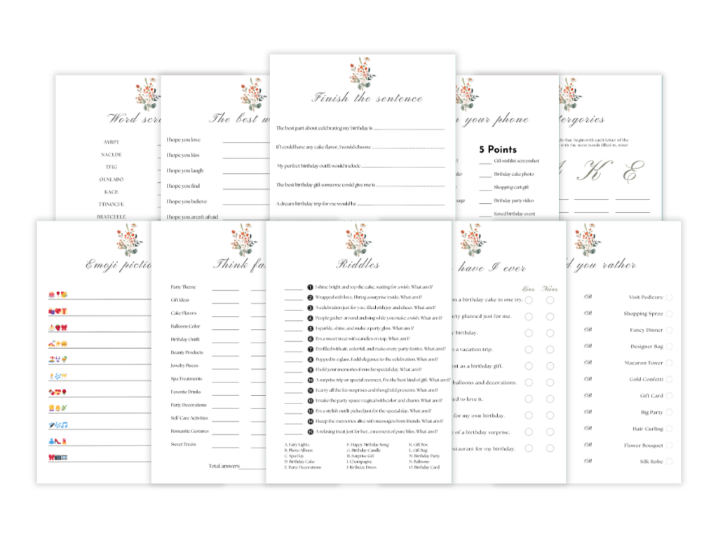 Birthday for Her - 10 Printable Games Bundle - Featured image