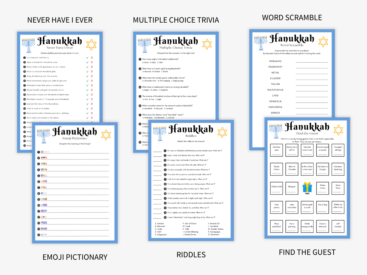 Hanukkah - 12 Printable Games Bundle - Games 1