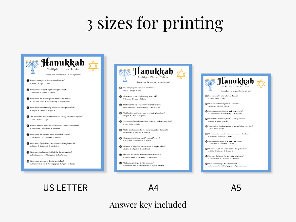 Hanukkah Game - Multiple Choice Trivia - 3 sizes