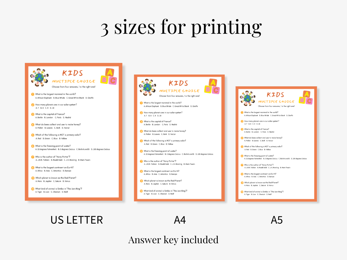 Kids Printable Game - Multiple Choice Trivia - 3 sizes