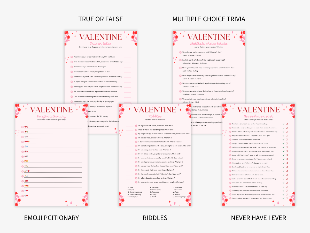 Valentine's Day - 5 Printable Games Bundle - Games