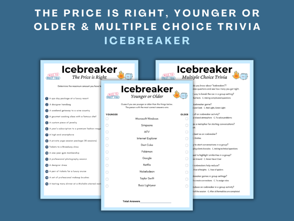 Add excitement to your event with these three printables: The Price is Right, Younger or Older, and Multiple Choice Trivia. Designed for corporate events, classrooms, and parties, these fun games encourage interaction and laughter. Download instantly, print as many as you need, and enjoy endless entertainment for any group.