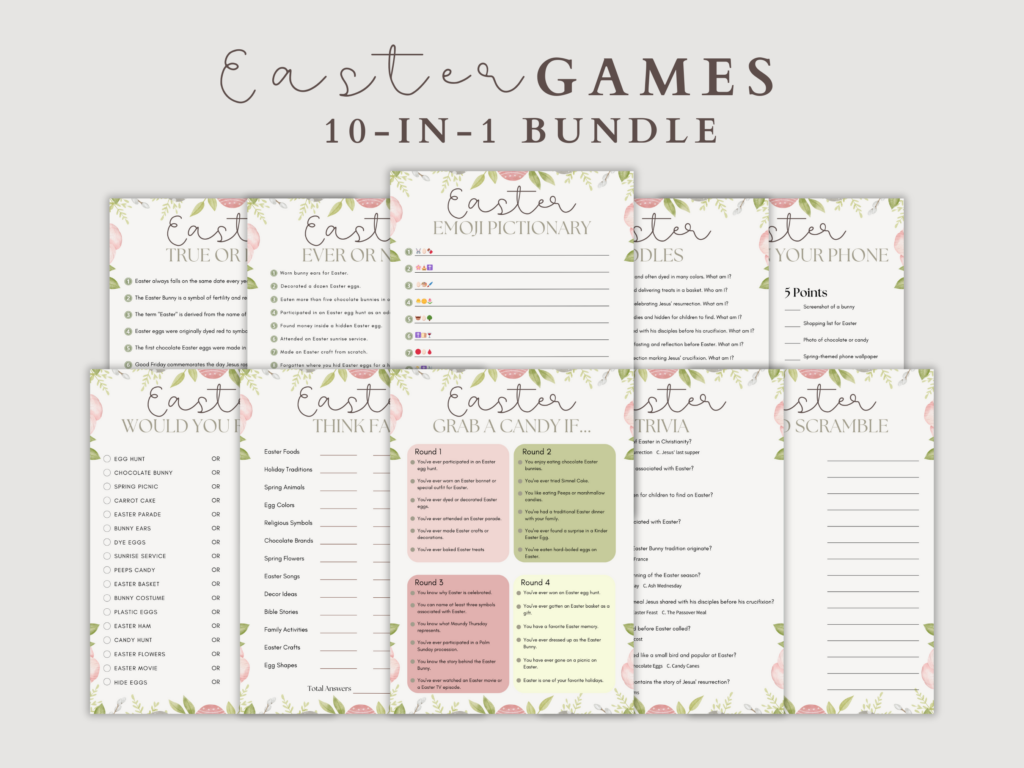 10-in-1 Easter Games for Kids bundle featuring printable Easter activity sheets including trivia, riddles, word scramble, emoji pictionary, and more. Perfect for classroom or family fun.