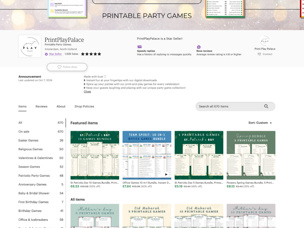 A screenshot of the PrintPlayPalace Etsy store showcasing a variety of printable games for different occasions. The store features bestsellers, seasonal game bundles, and instant downloads for parties, holidays, and celebrations. Explore fun, screen-free entertainment!