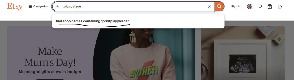 A screenshot of the Etsy search bar showing how to find the PrintPlayPalace Etsy store. The search suggestion highlights shop names containing "PrintPlayPalace." This guide helps users easily discover Printable Games for parties, holidays, and fun screen-free activities.
