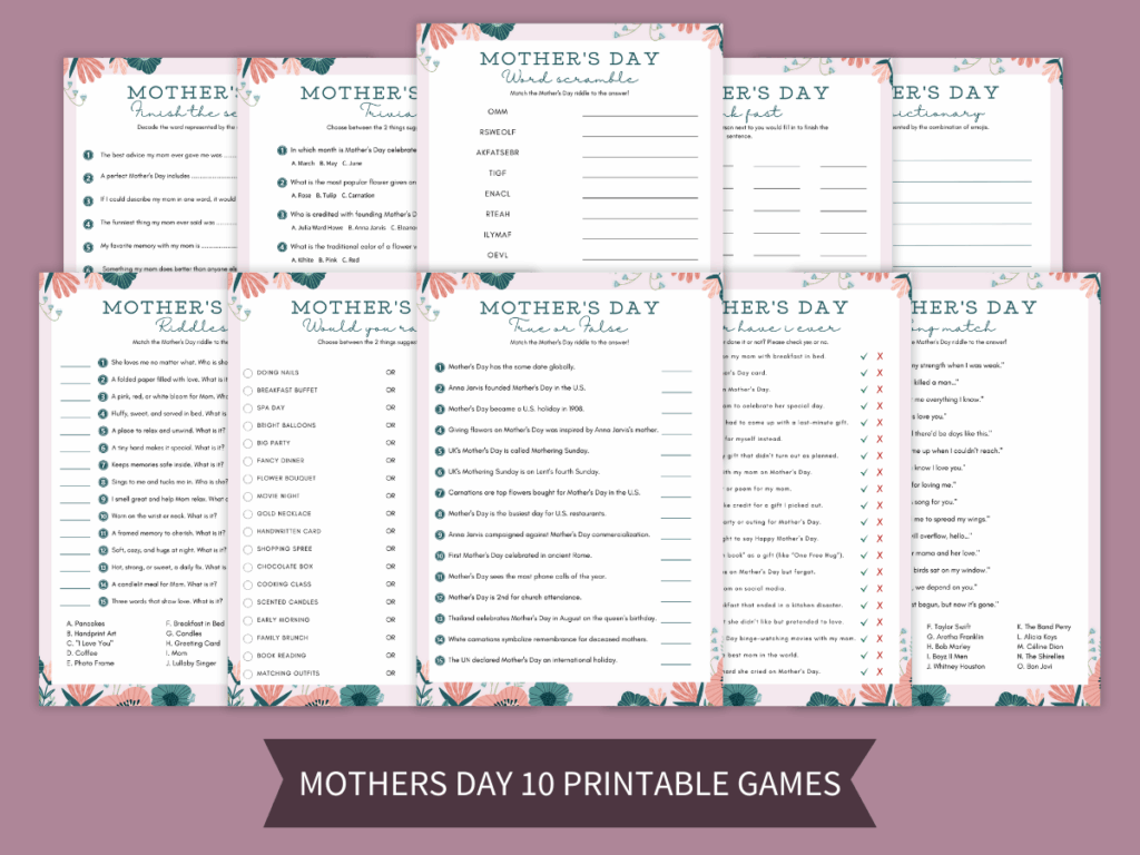 Full Mother's Day printable games bundle with 10 unique game sheets, including trivia, riddles, and finish-the-sentence activities.