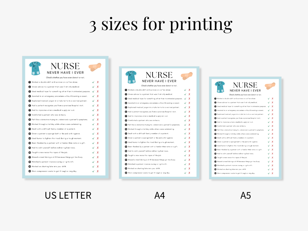 Nurse Printable Game - Never Have I Ever - 3 sizes