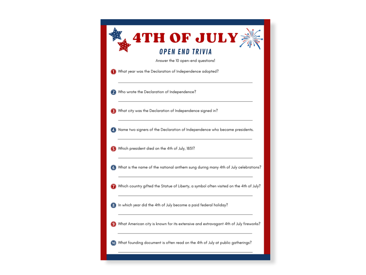 4th of July Printable Game - Open-End Trivia - Featured image