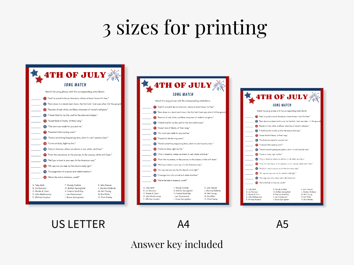 4th of July Printable Game - Song Match - 3 sizes