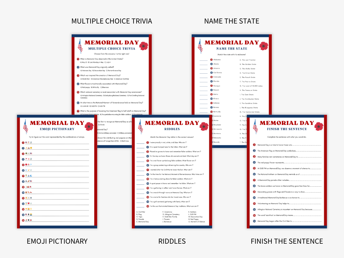 Memorial Day - 15 Printable Games Bundle - Games 1