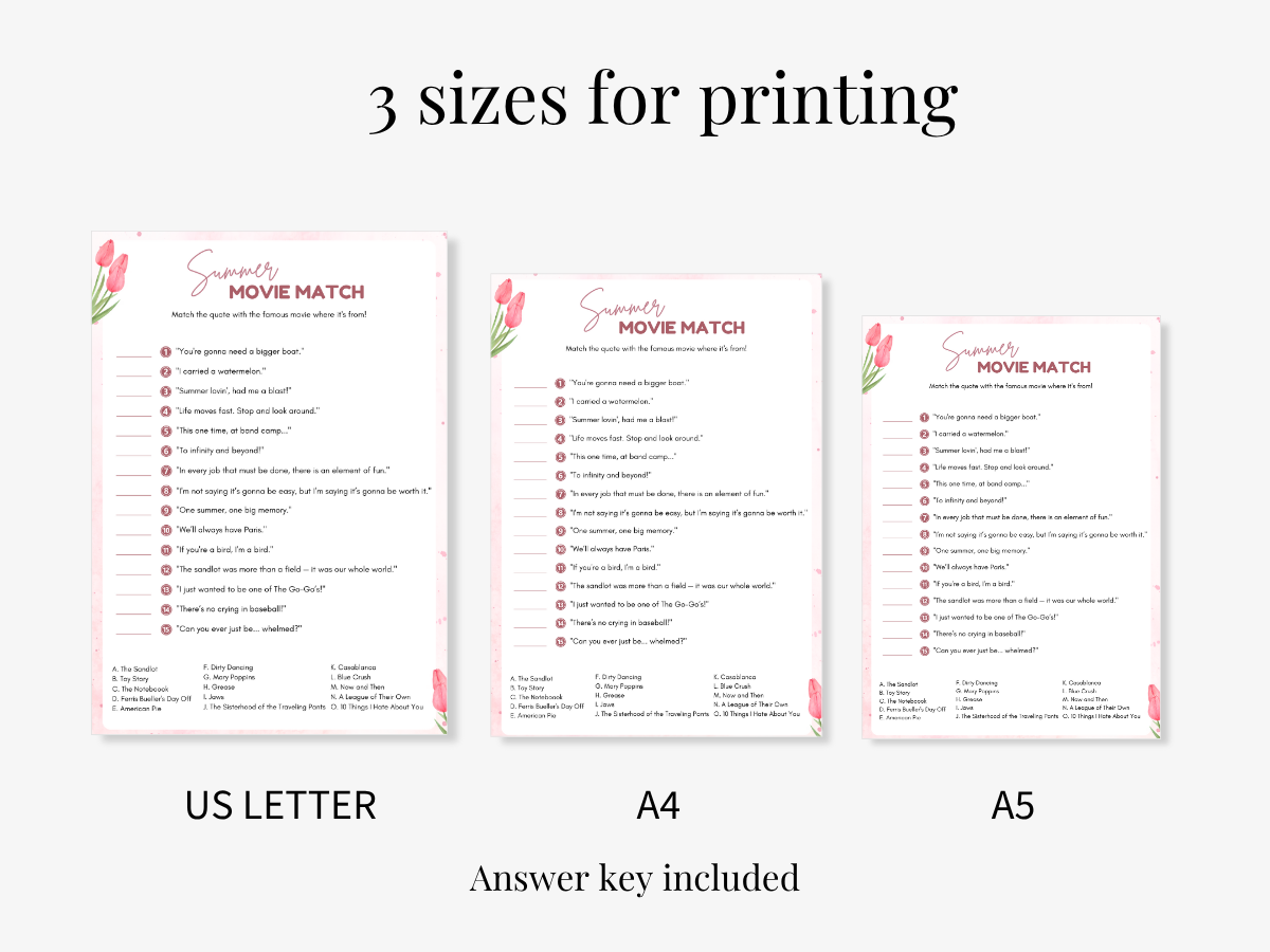 Summer Printable Game - Movie Match - 3 sizes
