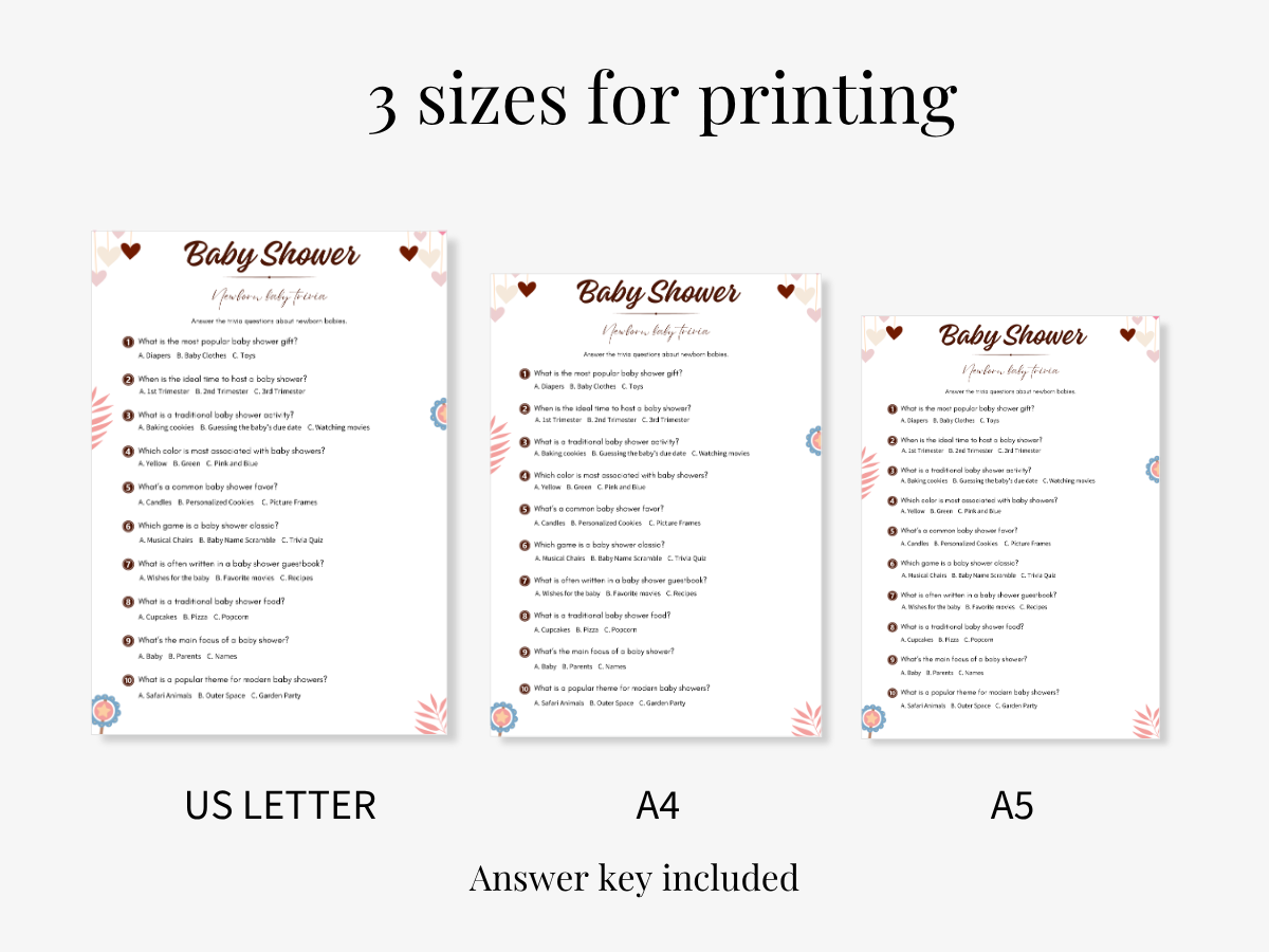 Baby Shower Printable Game - Multiple Choice Trivia - 3 sizes
