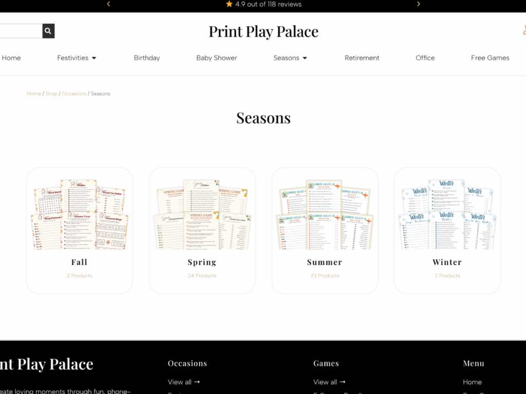 Screenshot of overview Seasonal games print play palace