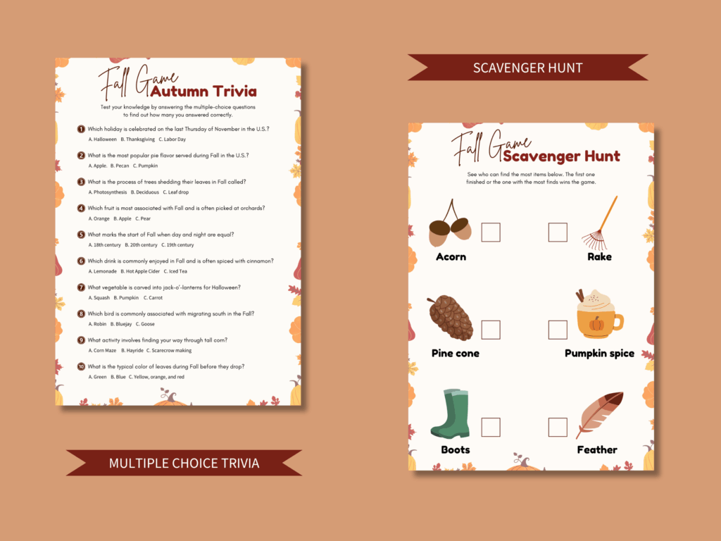Fall games scavenger hunt and multiple choice fall trivia
