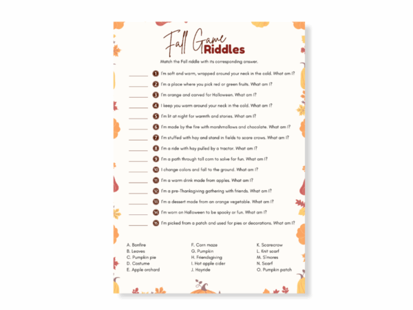 Friday Fall Riddle Fall Riddles Game Printable - Digital Download - Print Play Palace