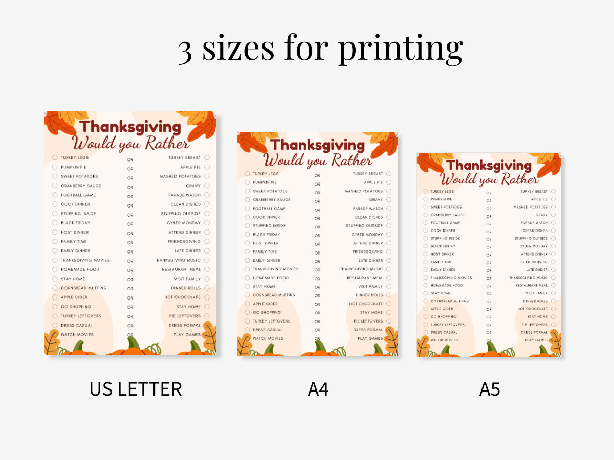 Thanksgiving Would You Rather Game Printable Digital Download Print